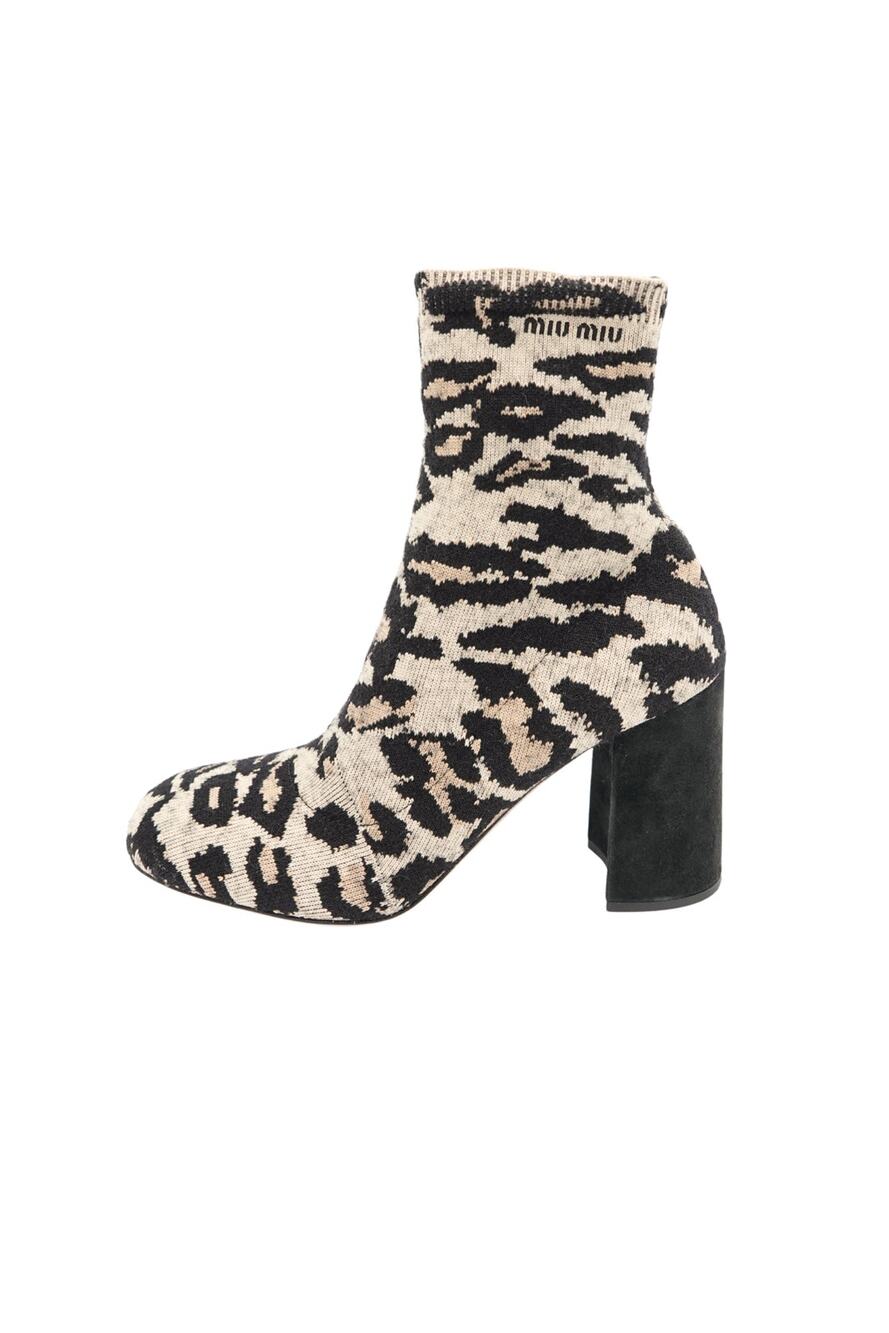 Miu Miu Leopard Print Jacquard Knit Ankle Sock Boots